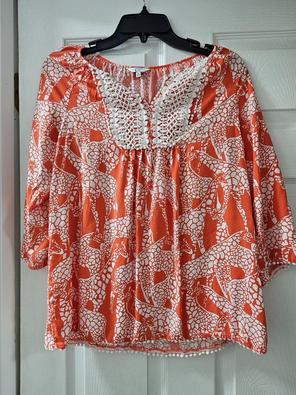 crown & ivy Orange and White Crochet-Yoke Tunic Top Size S